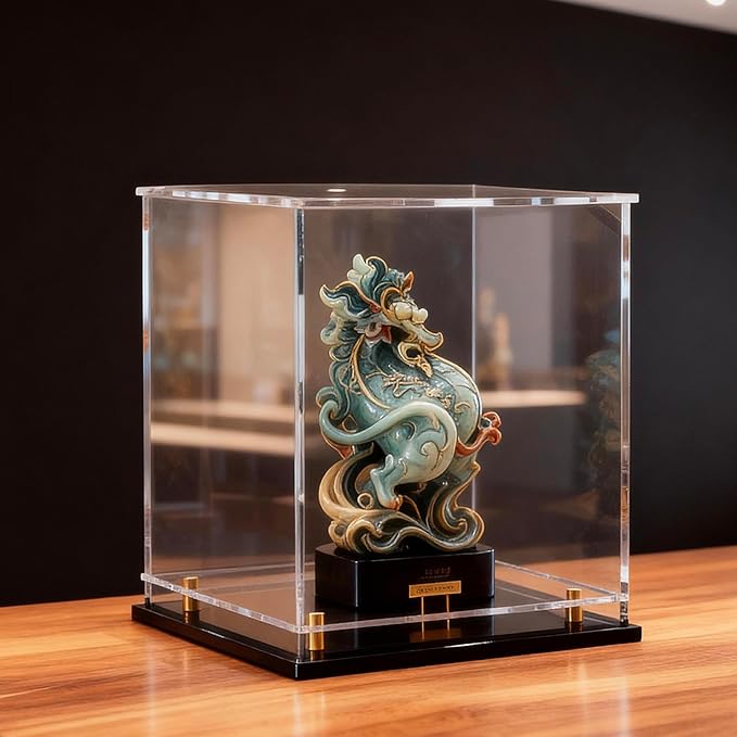 Acrylic Display Case for Collectibles, Dustproof Acrylic Box with Clear Display Elevation & Gold Risers, Large Display Case for Figures Toys Memorabilia, 8" L x 8" W x 12" H