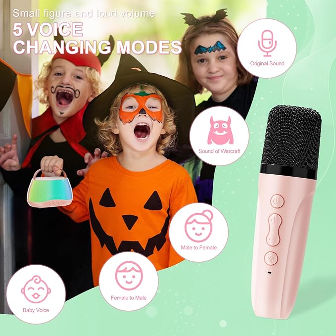 Portable Bluetooth Mini Karaoke Machine with 2 Wireless Microphone & LED Lights, Mini Karaoke Speaker for Kids & Adults, Birthday for Girls Boys Ages 3-12, Pink