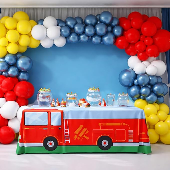 Oudain 6 FT Paw Theme Tablecloth Birthday Decorations 72 x 30 Inch Red Rescue Fire Truck Tablecloth Washable Fabric Polyester Rectangle Table Cover for Paw Party Decoration Dog Puppy Party Supplies