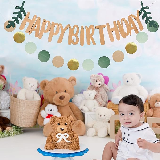 Zwiebeco Dark Green Gold Happy Birthday Party Decoration Brown Banner Bunting Circle Dots Garland Hanging Paper Kit for Kids Adults Forest Wild One Safari Theme Accessories Supplies