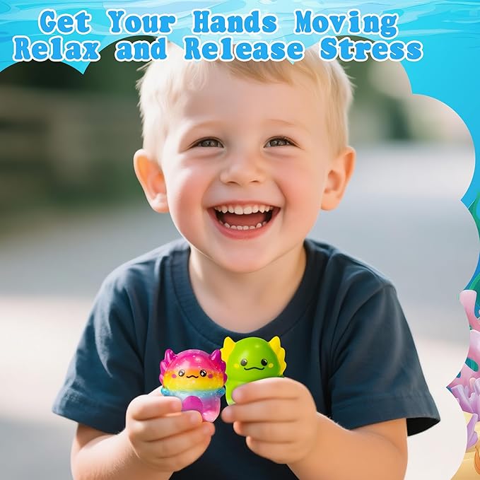 CY2SIDE 12 Pack Axolotl Squeeze Toys Party Favor Gift Set, Included Random Slow Rising Squishy Toys 4-in-1 Ballpoint Pen Cute Stickers and Organza Bag, Axolotl Party Goodie Bag Fillers for Kids Reward