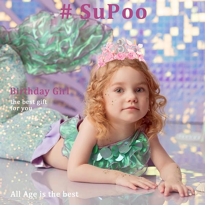 SuPoo 3rd Birthday Headband Flower Crown for Girls Princess Tiara Decorations Hair Band Cute 3 Year Old Party Accessory