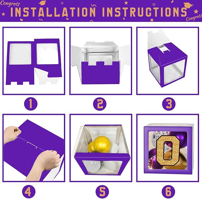 Purple and Gold Graduation Decorations 2026, Graduation Decorations Set of 4 Balloons Boxes with Letters 2026 GRAD So Proud of You, Congrats Grad Decorations for High School & College
