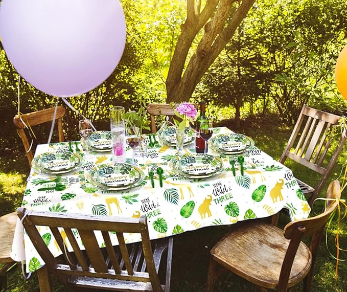 Young Wild And Three Decorations Tableware, Safari Jungle Theme 3rd Birthday Party Supplies Dinnerware Include Plates, Cup, Napkin, Cutlery, Tablecloth, For 3 Year Old Birthday Party | Serves 24
