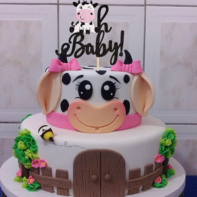 1 PCS Cow Oh Baby Cake Topper Glitter Farm Animals Cake Pick for Gender Reveal Theme Baby Shower Kids Birthday Party Decorations Supplies
