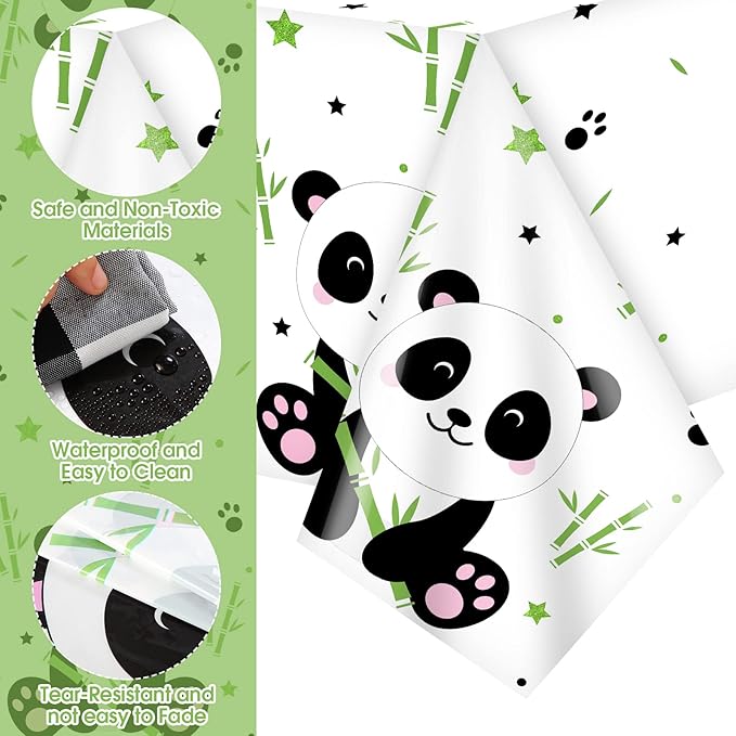 Coume 3 Pack Panda Birthday Party Decorations Panda Theme Tablecloth Favors Large Plastic Cute Table Cover for Kids Birthday Party Valentines Day Baby Shower Supplies, 54 x 108 Inches(Classic Style)