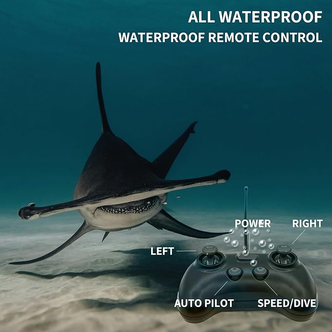 Remote Control Shark for Pool｜1:18 RC Shark & Dual Motors｜One-Touch Dive to 5 ft｜LED 2.4GHz Waterproof RC Submarine Hammerhead Shark Toy｜ Pool Party Gifts for Boys Ages 6-12(2 Batteries)