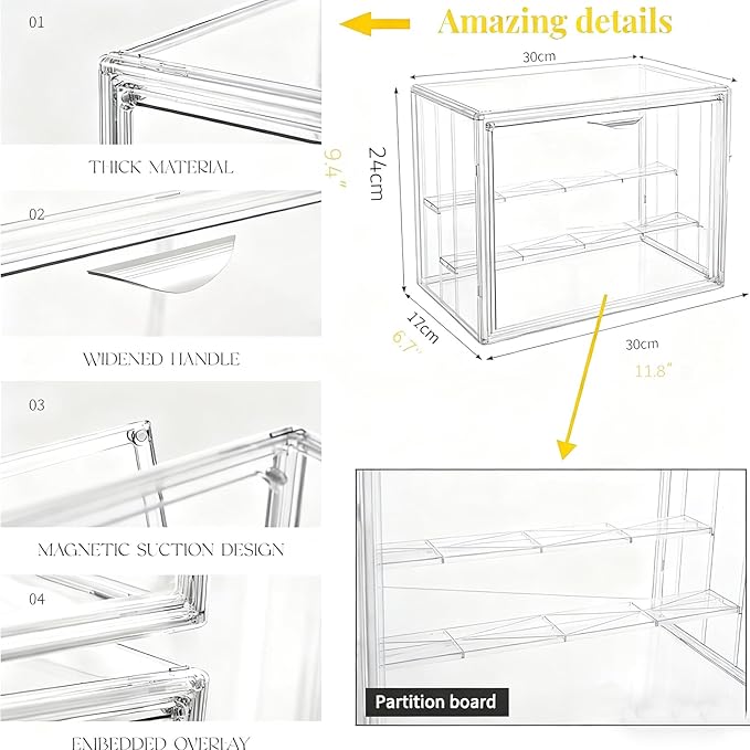 Dustproof Acrylic Display Box with Magnetic Door for Action Figures - 3-Tier Shelf for Collectibles, 2 Removable Plates, Tool-Free + Gloves & 100 Super Glue