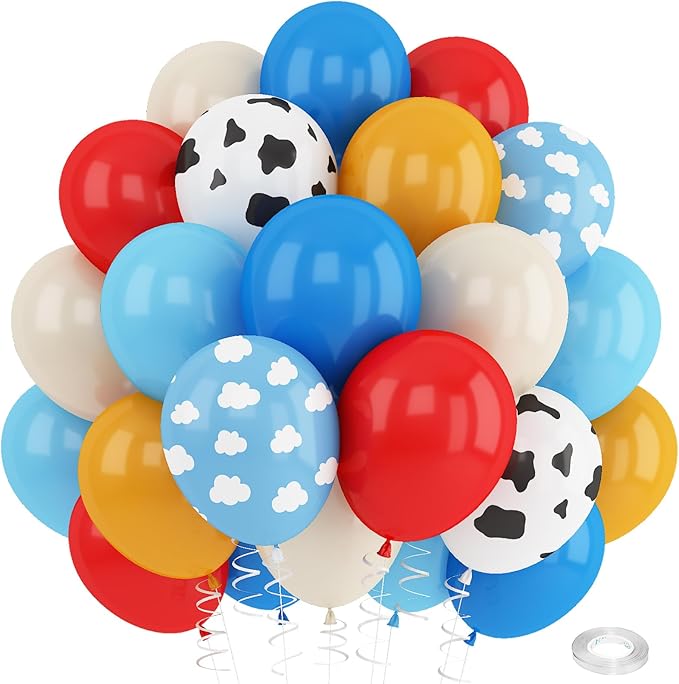 Red Blue Yellow Balloons 12inch Cow Print Sky Blue White Cloud Balloon for Kids Farm Theme Cowboy Birthday Party Decorations Western Blue Red Yellow Beige Latex Helium Balloon for Arch