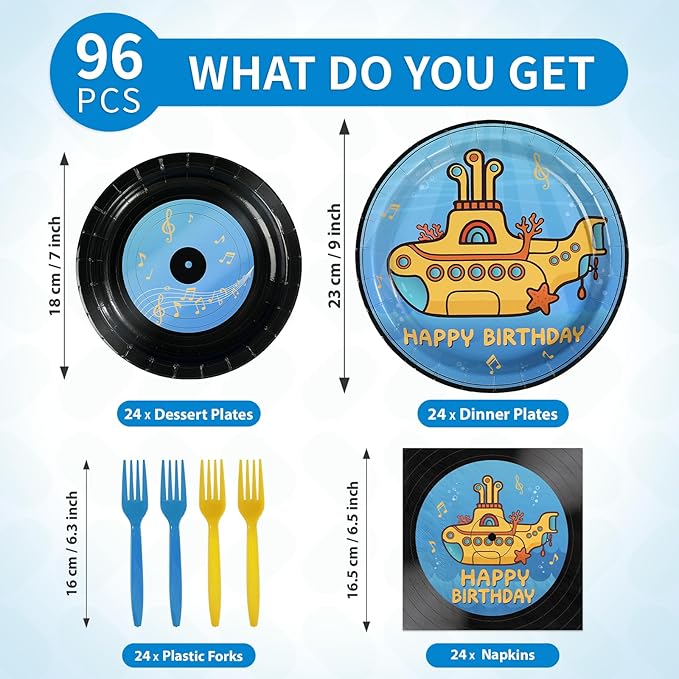 96 Pcs Submarine Theme Party Supplies Happy Birthday Plates and Napkins Retro Record Tableware Set for Boys Girls Adults Birthday Baby Shower Music Party Supplies, Serves 24