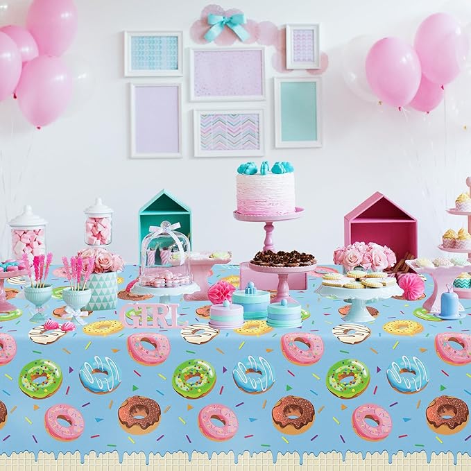 6 Pack Donut Party Tablecloth Sprinkle Donut Theme Party Decorations Blue Ice Cream Table Cloth Doughnut Table Covers for Baby Shower Afternoon Tea Ice Cream Birthday Supplies 51 x 86 in