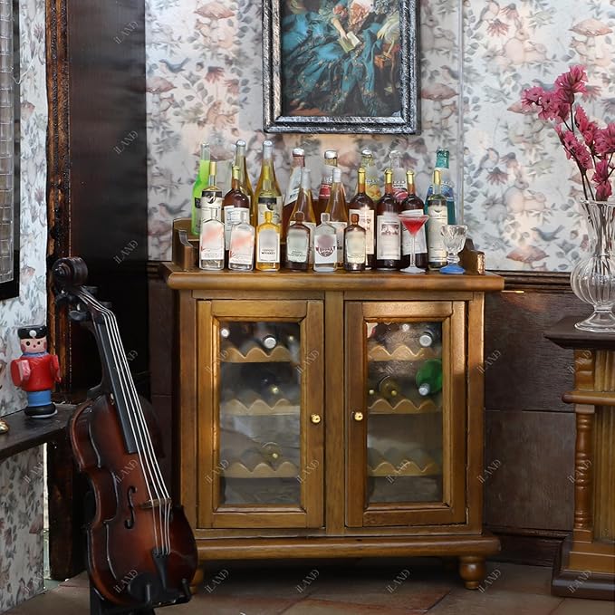 iLAND Dollhouse Furniture Mini Wine Cabinet Dollhouse Kitchen 1 12 Scale Furniture for Miniature Wine Bottles Wooden Doll House Shelf Mini House Décor Realistic Classic