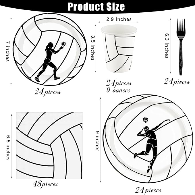 durony 144 Pieces Volleyball Paper Plates and Napkins Dinnerware Set Volleyball Birthday Party Tableware Supplies Includes Paper Plates Napkins Forks Serve 24 for Sports Party Supplies