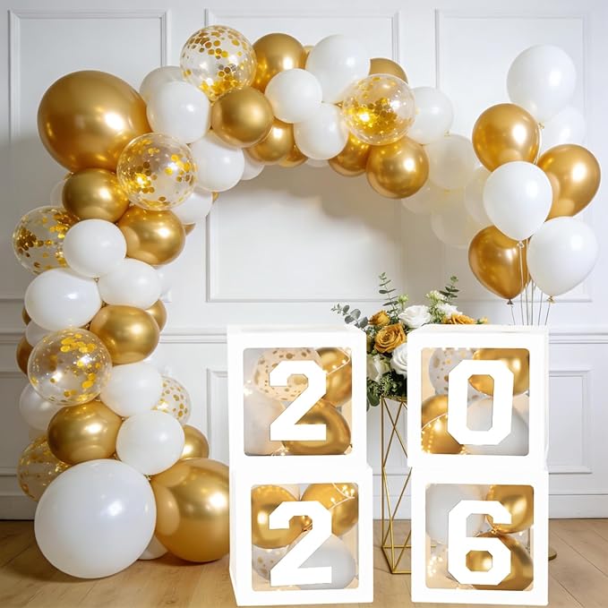2026 Graduation Decorations, White Graduation Decorations, Balloons Boxes (4PCS) with Letters 2026 GRAD So Proud of You, Congrats Grad Decorations for High School & College