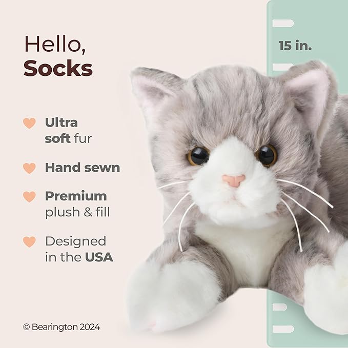 Bearington Socks Stuffed Cat Plush - 15" Realistic Grey Tabby Cat Plush Toy with Soft Fur and Lifelike Details - Stuffed Kitty - Adorable Cuddly Kitten Plushie Gift for Kids and Toddlers