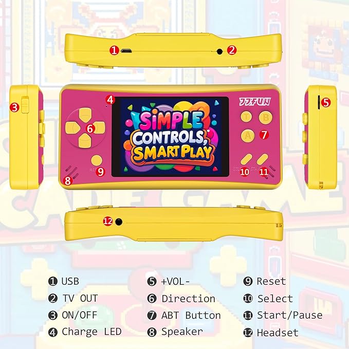 JJFUN Portable Game Console for Kids – 3.2" Screen, 168 Built-in Classic Games, Plug & Play on TV, Rechargeable, Ideal Gift for Boys & Girls, Great for Travel, Holidays & Birthdays