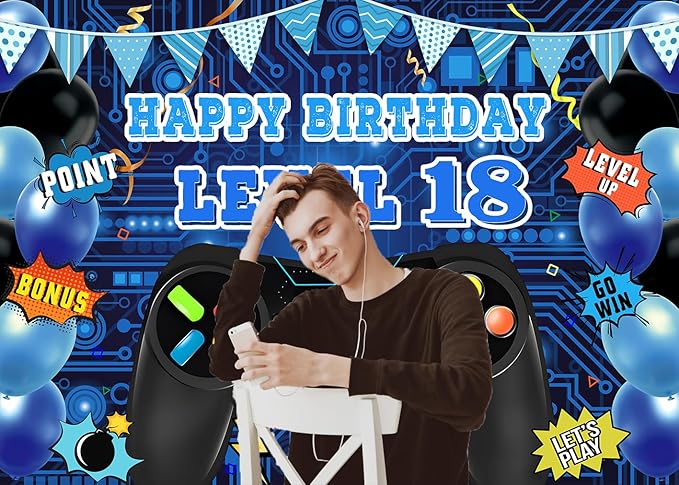 Game Theme Level 18 Birthday Backdrop Video Game Happy 18th Birthday Party Decorations Level Up Theme Boys Kids Birthday Party Supplies(7×5FT)
