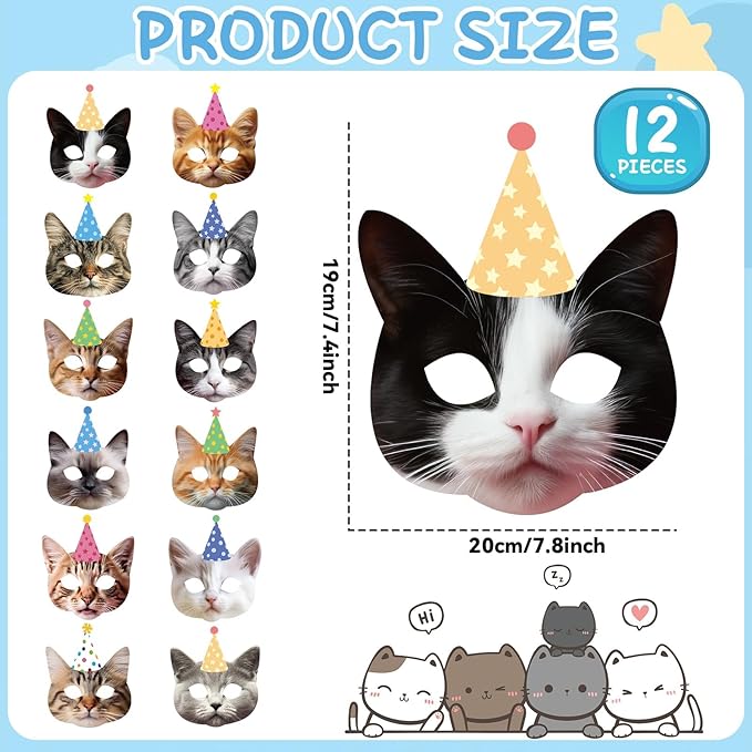 CHUNNIN 12 Pieces Cat Birthday Party Decoration Masks Cat Favors Kitten Party Kitten Decoration Masks Facial Cats Theme Cats Supplies for Birthday Dress Up & Pretend Play Supplies