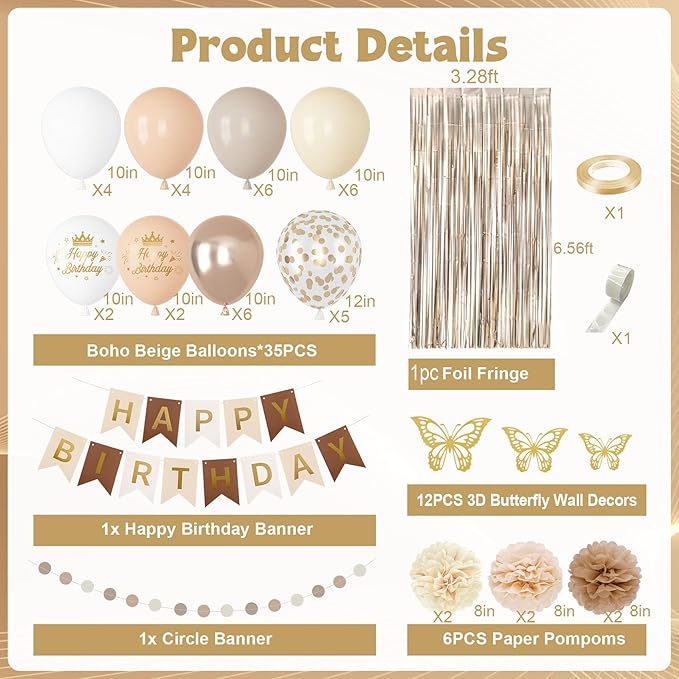 Neutral Birthday Decorations for Women Girls, White Sand Gold Confetti Metallic Printed Balloons Butterfly Stickers Fringe Curtain Happy Birthday Banner Circle Dots Paper Pompoms Party Decor Supplies