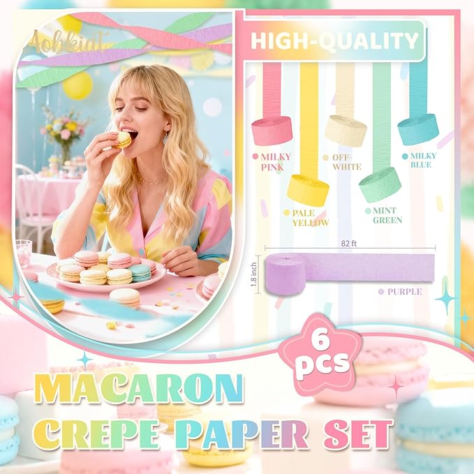 AOBKIAT Crepe Paper Streamers Party Decorations,6 Rolls Pastel Streamers for Candyland Party Theme Birthday Wedding Bridal Baby Shower Decorations,1.8 Inch x 82 Ft/Roll