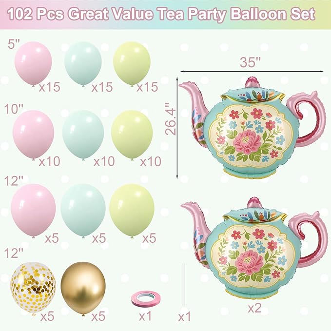102 Pcs Tea Party Balloons, 35" Huge Teapot Aluminum Foil Balloons Pink Green Gold Confetti Latex Balloon for Girls Birthday Let's Par Tea Baby Shower Bridal Shower Garden Party Decorations Supplies