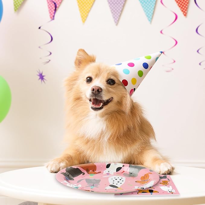 JarThenaAMCS 96Pcs Dog Birthday Party Supplies Disposable Dog Themed Tableware Include 24 Dinner Plates 24 Dessert Plates 24 Paper Napkins 24 Forks Pink Cartoon Dog Birthday Party Decor for 24 Guests