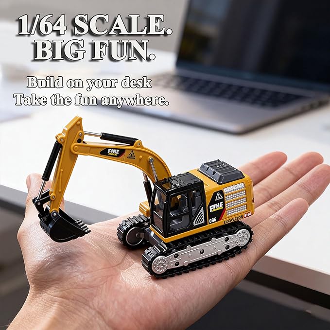 RC Excavator, 1/64 Scale Metal RC Truck, 2.4GHz Construction Vehicle with Sounds & Light, Dual Speed, APP Control, Hobby Toy for Adults and Kids