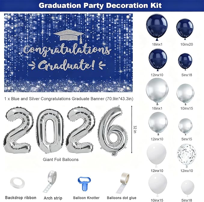 MEHOFOND Class of 2026 Graduation Balloon Arch Kit 152PCS Blue Silver Congrats Grad Decorations with 2026 Number Balloons for High School College Graduation Party Supplies