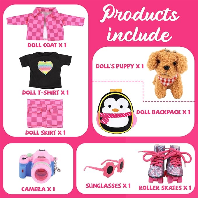 American 18 Inch Doll Clothes & Accessories Set – Includes Pink Plaid Coat, Heart T-Shirt, Skating Shoes, Pet Dog, Penguin Backpack, Camera, Glasses & More – Perfect for 18" Dolls (No Doll)