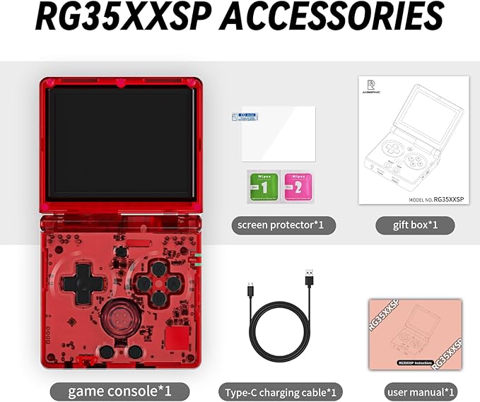 RG35XXSP FILP Retro Handheld Game Console 3.5-inch 640*480 IPS Screen 3300mAh Built-in 64G TF Card Supports Multiple Simulators Linux System with Screen Protector Red
