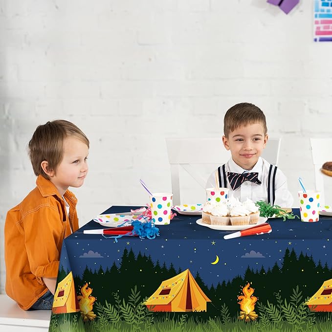 Breling 2 Pieces Camping Party Decorations Camping Tablecloth Plastic Rectangular Campfire Table Cover for Picnic Hiking Adventure Birthday Party Supplies
