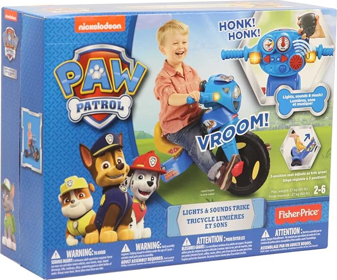 Fisher-Price Toddler Tricycle Nickelodeon PAW Patrol Lights & Sounds Trike, Toy Bike with Handlebar Grips & Storage for Outdoor Play Kids Ages 2+ Years