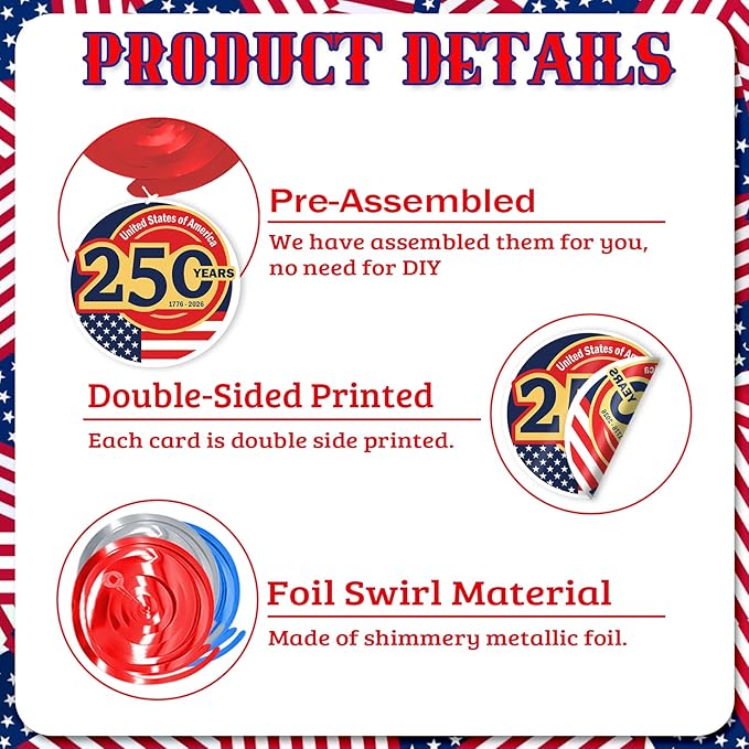 USA 250th Anniversary Hanging Swirls, 30Pcs United States 250 Years Ceiling Streamers Hanging Ornaments for American Anniversary Party Decorations