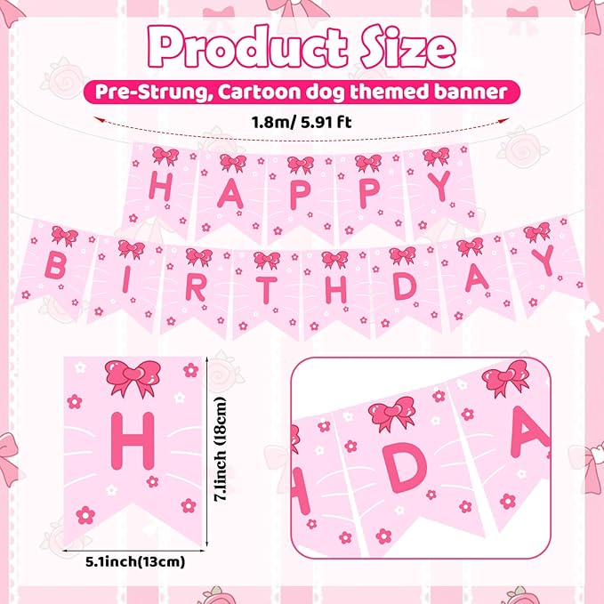 TaoBary Pink Cute Kitty Happy Birthday Banner Pre-strung Hanging Sign Cartoon Cat Birthday Decorations Kitty Themed Pink Party Supplies Cartoon Kitten Banners for Girls Women Birth Favors