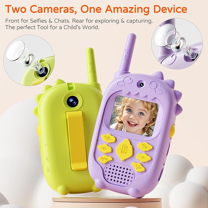 Dual Cameras Video Walkie Talkies for Kids, Kids Walkie Talkies 2 Pack for Age 3-12 Year Old Boys Girls with Front&Rear Cameras, Photo/Video Recording,Rechargeable Battery and Silicone Protective Case