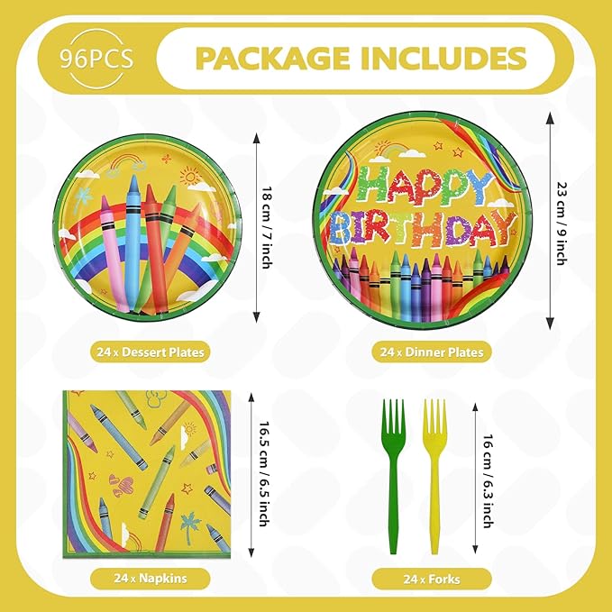 96Pcs Crayon Birthday Party Supplies Colorful Crayon Plates and Napkins Classroom Back to School Tableware Set for Kids Boys Girls First Day of School Birthday Party Decorations Serves 24