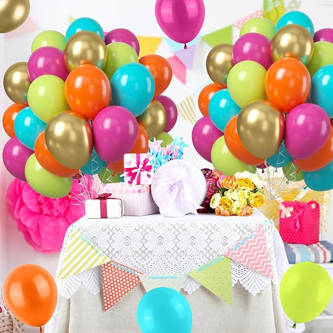Tropical Balloons, 50 PCS 12Inch Balloon Rainbow Balloons Hot Pink Orange Teal Green Metallic Gold Colorful Balloon for Baby Shower Summer Birthday Tropical Pool Party Decorations