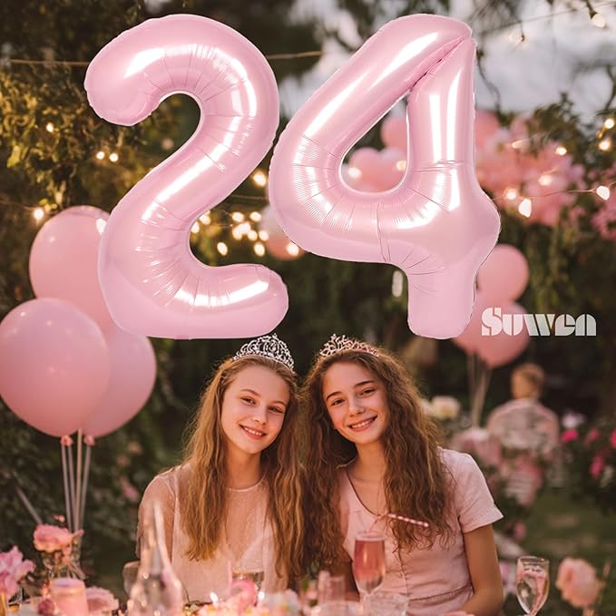 SUWEN 40 Inch Large Pink 24 Number Balloons Big Foil Helium Number Balloons 0-9 Jumbo Happy 24th Mylar Birthday Party Decorations for Women 42 Anniversary Party Supplies