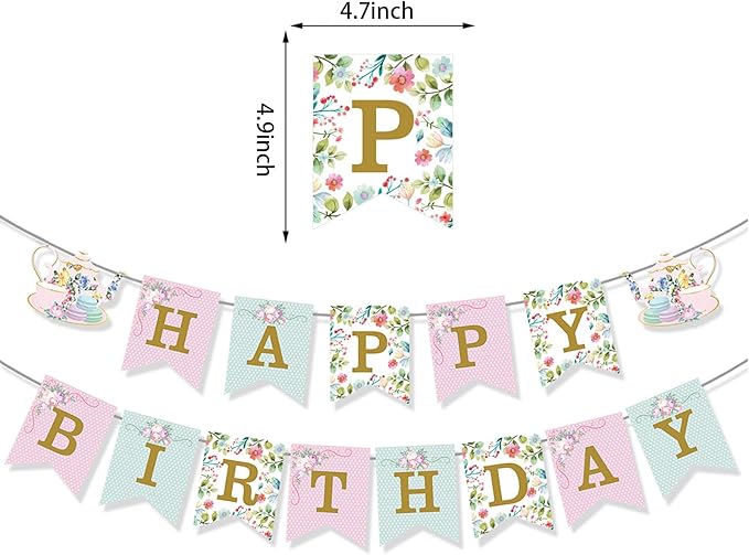 Tea Party Birthday Banner Floral Garland Birthday Banner Flower Wonderland Theme Decoration for Women Girls Baby Shower Party Supplies