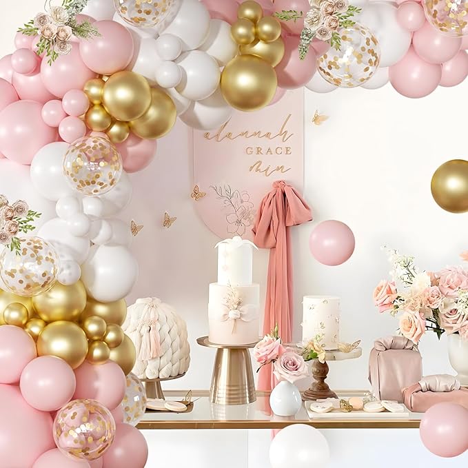 Pink and White Balloon Arch Kit, 138 Pcs Pink and Gold Balloon Garland Arch Kit Include Pastel Pink White Gold Confetti Balloons for Birthday Baby Shower Wedding Bridal Shower Party
