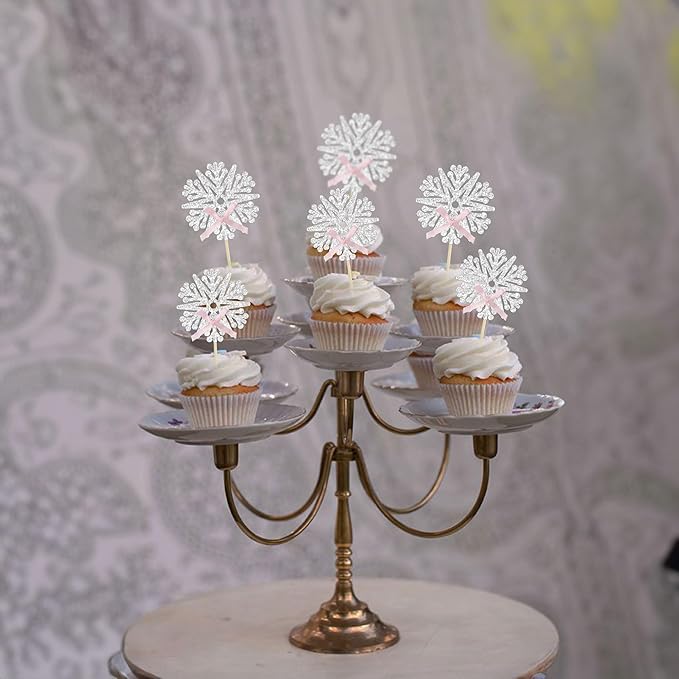 24Pcs Snowflake Cupcake Toppers Glitter Snowflake Cupcake Picks Frozen Pink Bow Snowflake Gender Reveal Cake Decors Baby Shower Gender Reveal Winter Theme Christmas Party Cake Decor Supplies