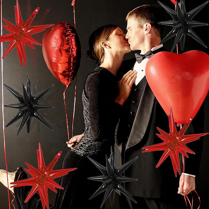 6 Pcs Star Foil Balloons One-Piece 14-Pointed Star Balloon 4D Starburst Cone Mylar Balloon 22inch Christmas Birthday Wedding Wedding Anniversary Party Supplies (Black + Red)