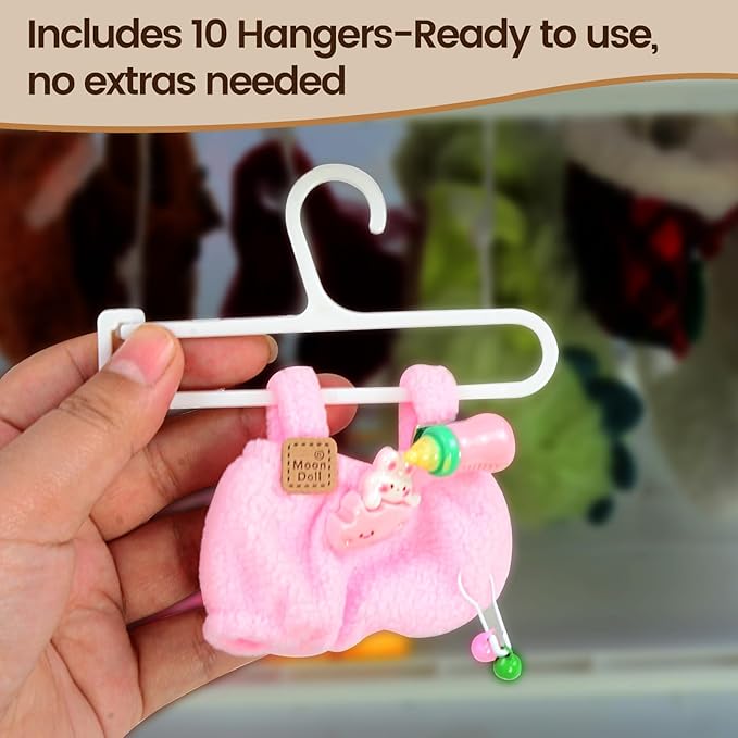 Clear Doll Wardrobe Storage Box Compatible with Labubu 15/17cm Doll Clothes & Accessories, Clear Display Box Shelf, Includes 10 Hangers, 1 Rod & 2 Supports, Stackable