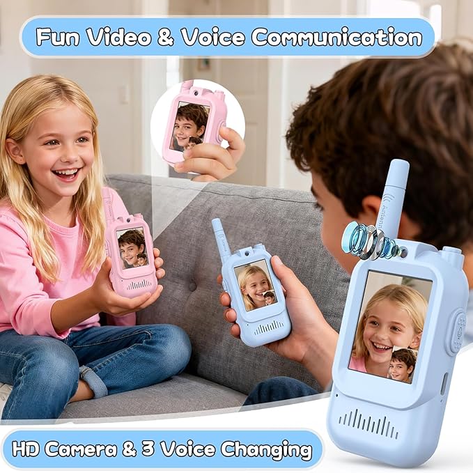 Kids Rechargeable Video Walkie Talkies (3-12) – Indoor/Outdoor Toys for Adventures & Playdates(Blue+Pink)