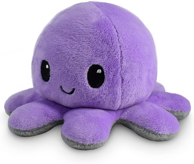 TeeTurtle Reversible Octopus Plushie 4-Inch Happy Purple + Dead Gray Two-Sided Flip Plush Toy with Embroidered Details - Cute Mini Collectible Plush for Kids, Teens, and Adults
