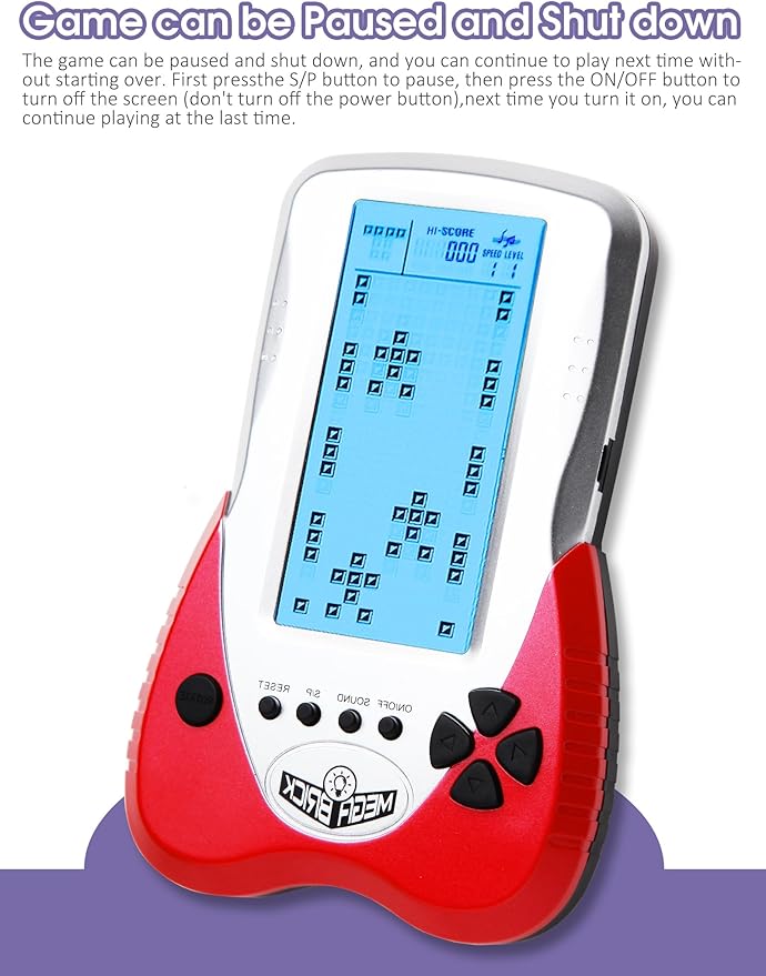 New Retro Block Brick Game Console Large Screen Blue Backlight Brightness can be Adjusted Build in 23 Game Compatible with Lithium Battery/AAA Batteries can Plug in Headphone (Red)