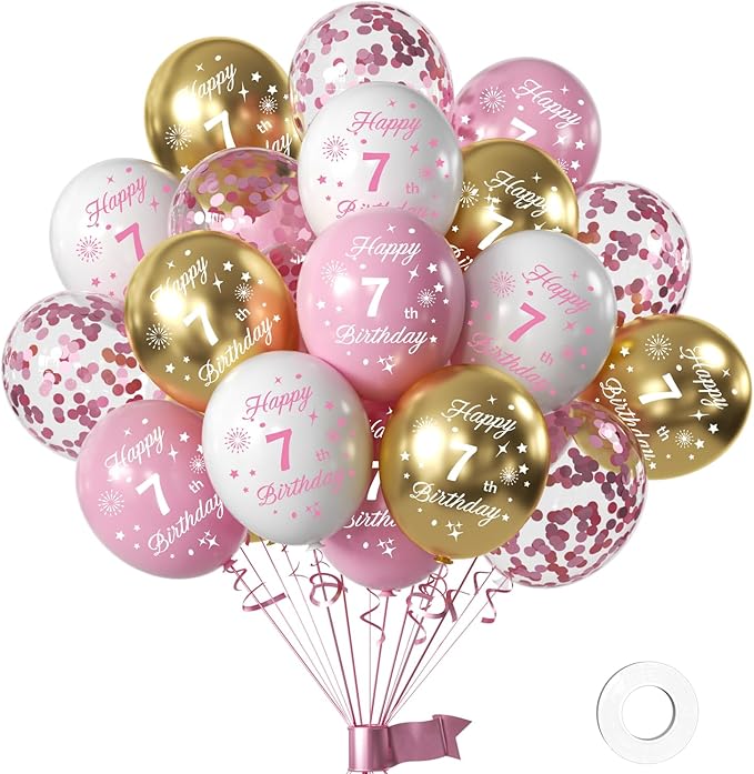 Pink 7th Birthday Balloons - 16pcs Pink & Gold, Happy 7th Birthday Confetti Balloons for Princess Theme Party Decorations