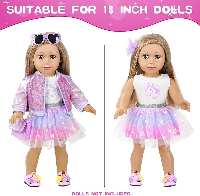 American 18 Inch Doll Makeup Accessories and Clothes Set Includes 18 Inch Doll Clothes and Shoes Bag Makeup Brush Set Foldable Haircomb Eyeshadow Lipstick Bow Hair Clip Sunglasses Hair Rope（No Dolls）