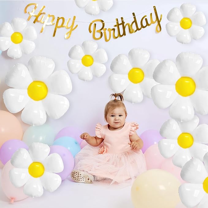 BTZO 16 Pcs Daisy Balloons, White Aluminum Foil Balloons for Birthday, Baby Shower, Wedding, Anniversary, Groovy Flower Theme Retro Hippie Party Decorations