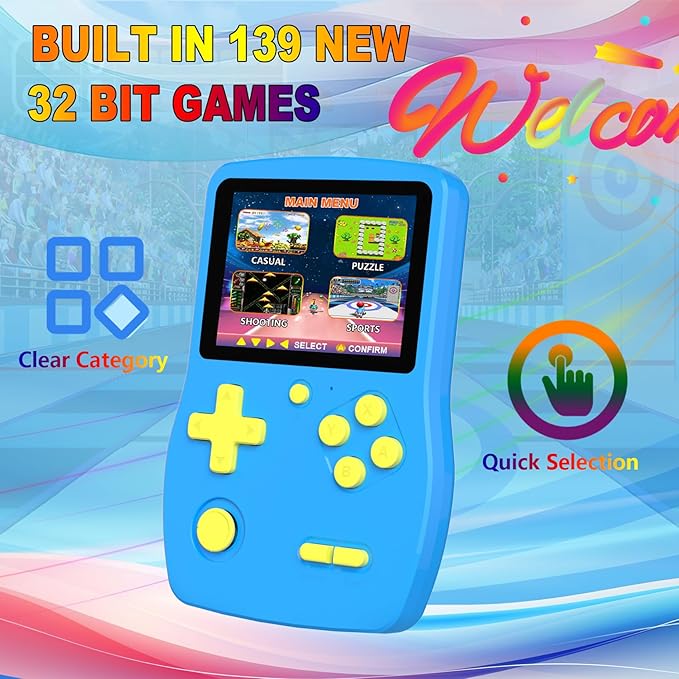 32 Bit Handheld Game for Kids Preloaded 139 Retro Video Games, 3.0'' IPS Screen and Rechargeable Battery Portable Gaming System, Mini Travel Electronic Toy Gifts for Boys Girls (Blue)